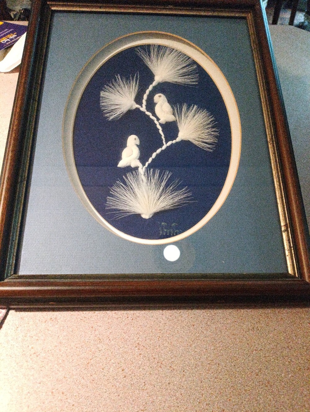 2 Snow Owls In A Tree. Caribou Tufting ,Framed White Wall Art on Navy Background